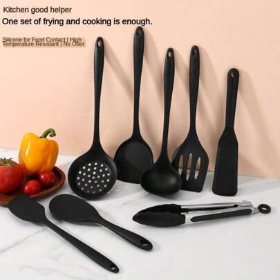 8-Piece Silicone Cooking Utensils Set For Non-Stick Pans - Heat-Resistant Kitchen Tools With Hooks (Black) - Includes Spatula, Slotted Turner, Rice Spoon, Colander, Soup Ladle, Food Tongs, Wok Shovel, Noodle Claw - Stir Fry Essential Kitchenware