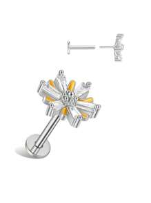 1 件雏菊耳钉，镶嵌合成方晶锆石，平底压入式身体穿孔首饰，适合派对、约会、日常佩戴