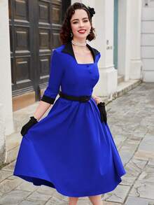 MUXXN Vintage Elegant Button Patchwork Square Collar Midi A-Line Cocktail Party Dress - Royal Blue - View 3