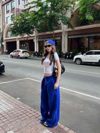 VIBEWAVE Elastic Drawstring Oversized Thin Knit Casual Street Pants, Spring/Summer