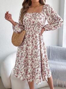 Autumn And Winter Leisure Vacation Small Floral Solid Color Square Neck Long Sleeve Women's Dress - trắng - Xem 1