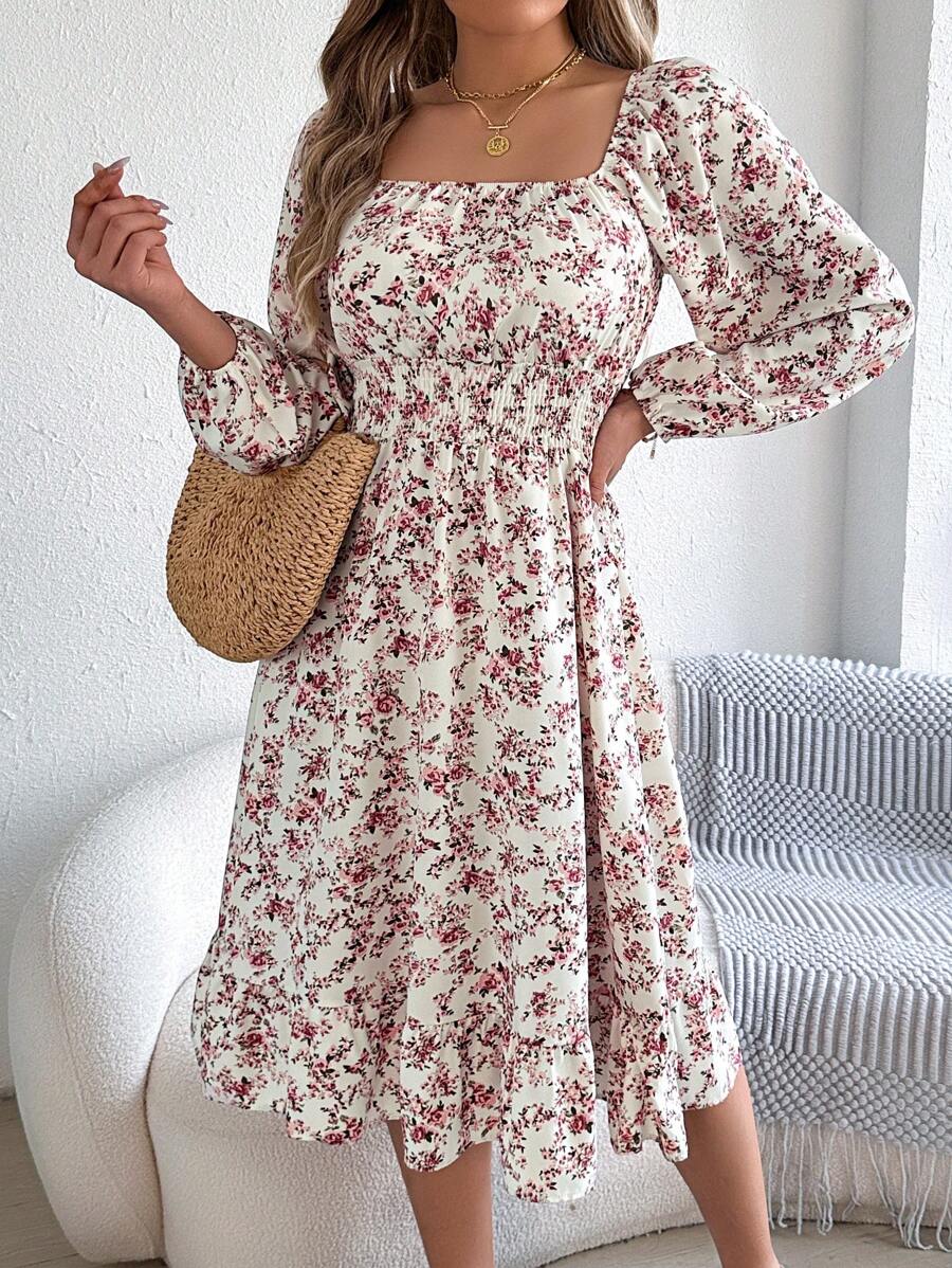 Autumn And Winter Leisure Vacation Small Floral Solid Color Square Neck Long Sleeve Women's Dress - trắng - Xem 1