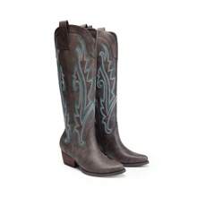 Womens Vintage Embroidered Western Boots Cowboy Knee High Boots Comfortable Pull On Side Zipper Chunky Heel Cowgirl  Retro Tall Boots - 棕色 - 查看 9