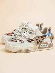 New Teddy Bear Design Khaki Women Sports Shoes, Fashion Breathable Casual Platform Sneakers, Anti-Slip Student Skateboard Shoes - Khaki - View 3