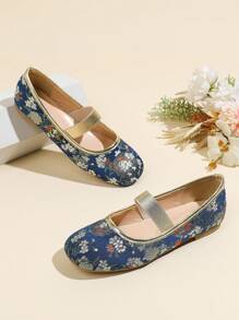 Floral Embroidery Mary Jane Shoes, Women's Round Toe Flat Slip-On Loafers, Soft Bottom Comfortable Casual Shoes - Blue - View 3