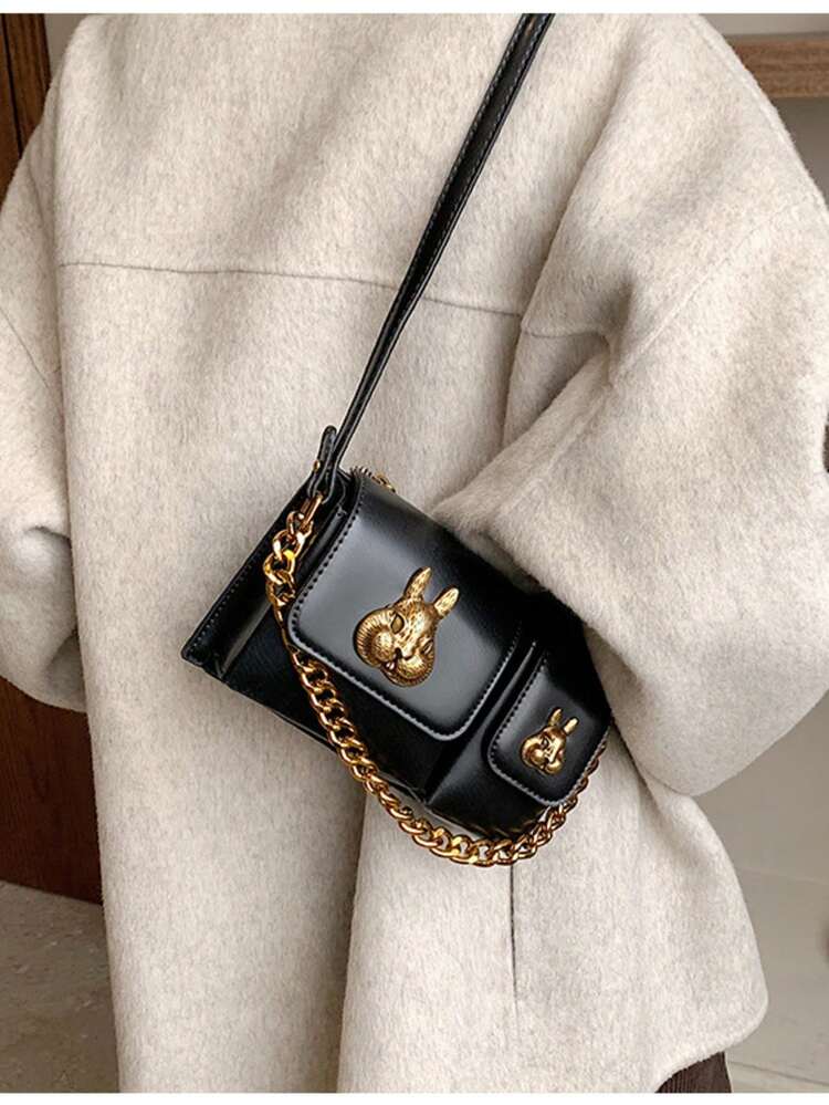 2025新款时尚兔子设计摩托车斜挎包，女士春季单肩链条腋下包时尚单肩包 - 黑色 - 查看 6