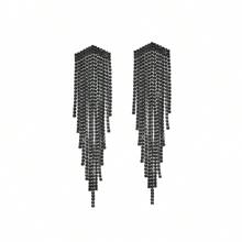 1 Pair Vintage Black Long Tassel Water Drop Rhinestone Earrings, Suitable For Women