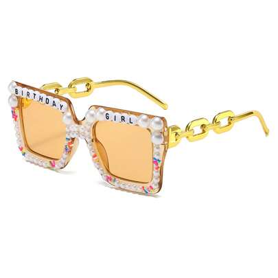 Women's Square Shape Sunglasses Pearl Letter Decor Anti-UV Fashion Eyewear Birthday Party Glasses