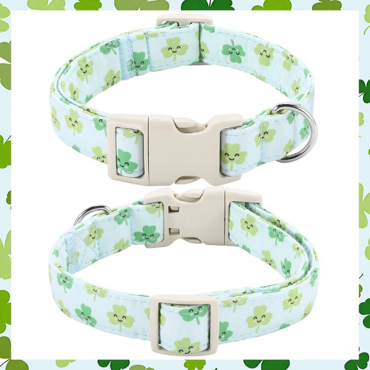 St. Patrick's Day Themed! Polyester Dog Collar With Various Four Leaf Clover And Shamrock Print Patterns, Available In Multiple Sizes Suitable For Small, Medium And Large Dogs, Styles Suitable For Boy Dogs And Girl Dogs - Mint Green - View 3