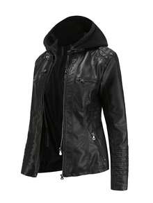 女式休闲连帽拉链皮夹克，带可拆卸兜帽，仿皮外套