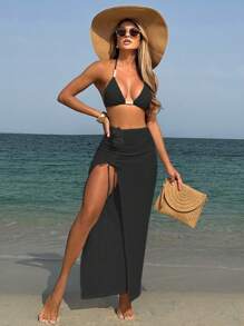 3pcs Women Knitted Beach Vacation Floral Cutout Triangle Bikini Set - View 3