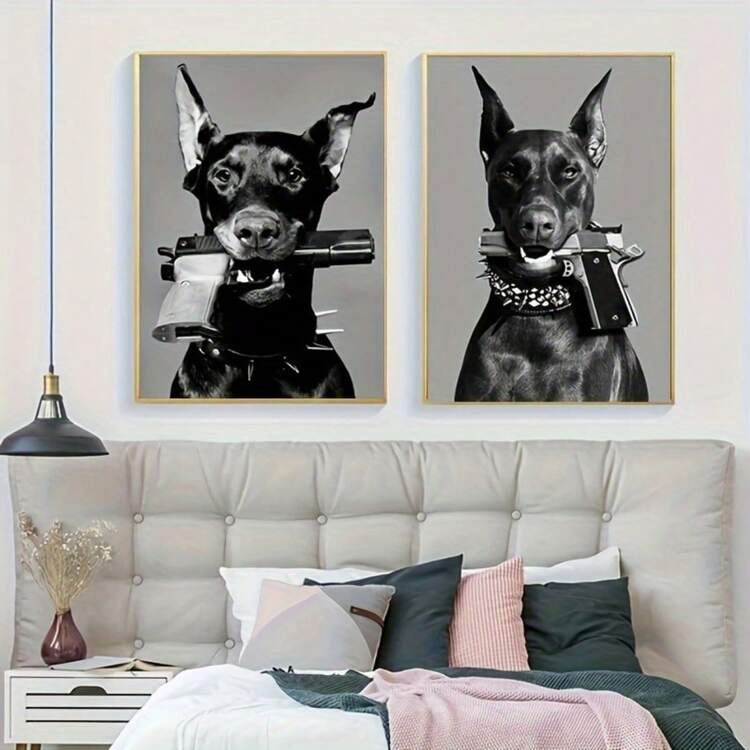 2 件带枪的狗艺术装饰画，墙壁艺术帆布印刷品，客厅家居装饰画，无框 - 2pcs/set - 查看 7