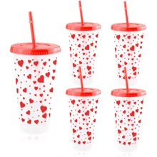 5/10pcs Pink And Red Ribbon Bow & Heart Plastic Tumblers With Straws And Lids, Ribbon Bow Flat Bottomed Cup, Pink Plastic Cup, Coffee Mug, Reusable, Suitable For Cold Drinks, Home, Office, Decoration, Party Gifts, Daily Use, Weddings, Commemoration Day, Afternoon Tea, Valentine's Day, Birthday, Parties, Water Bottle Back To School