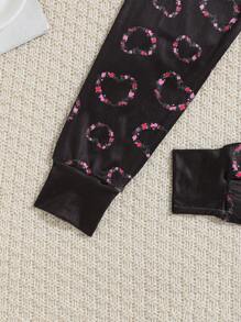 2pcs Girls Snug Fit Pajama Set, Round Neck Floral Wreath & Heart Print Short Sleeve Top And Long Pants, Comfy Holiday Loungewear - Pink - View 5