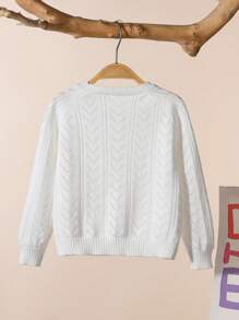 Casaco de Tricô Informal com Gola Xale para Menina, Jaqueta Leve e Curta com Recorte Vazado de Cor Sólida para Meninas - Branco - Visão 2