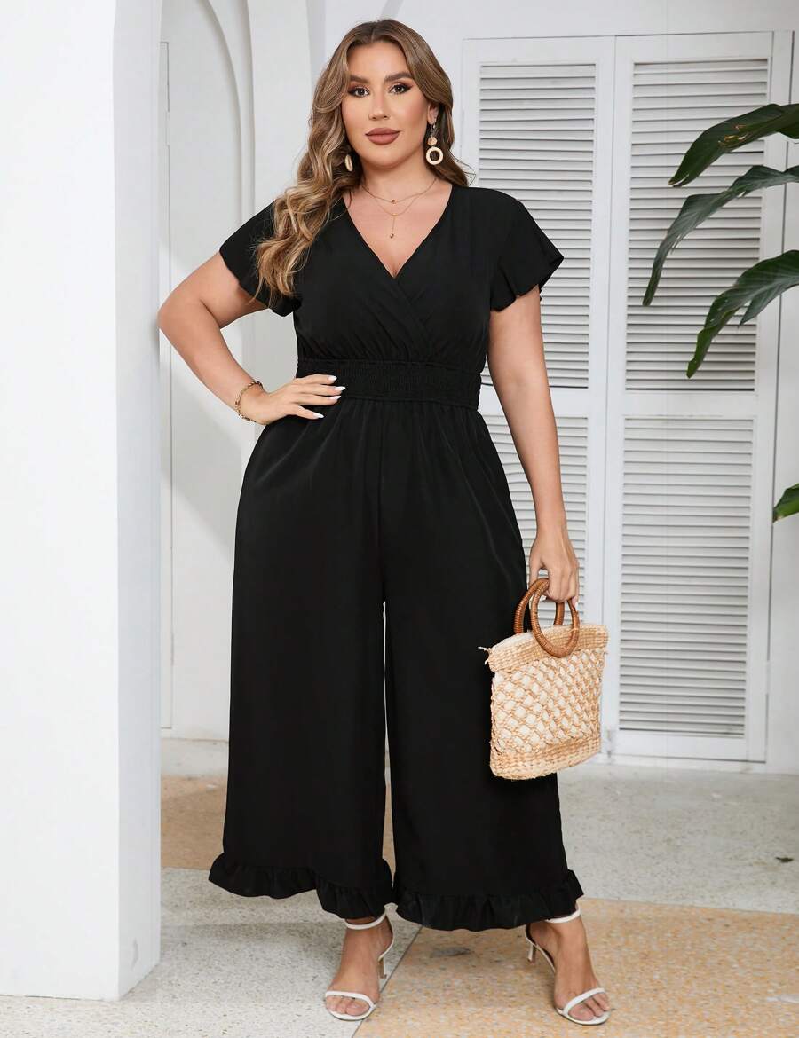 GoyRrbay Plus Size Loose Jumpsuits For Women Summer Short Sleeve One Piece Outfit Elastic Waist Wide Leg Floral Jumpsuits - màu đen - Xem 1