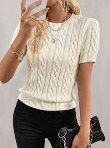 Plus Size Short Sleeve Twist Rope Round Neck Knit Pullover Sweater - Apricot - View 1