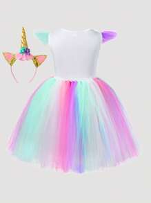 Conjunto de vestido de tul colorido con diseño de unicornio y diadema de unicornio para niña