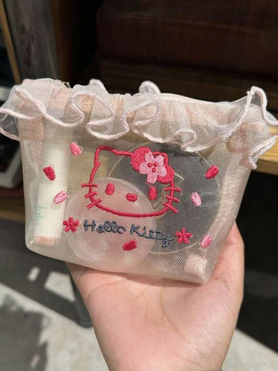 Sanrio Sanrio 1 szt. Cute Cartoon Hello Kitty Haft Kosmetyczka, przenośna kosmetyczka, odporna na plamy siatkowa torba z zamkiem błyskawicznym, torebka do przechowywania chusteczek menstruacyjnych