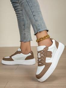 女士休闲运动鞋，系带软底平底舒适滑板鞋，轻便低帮日常鞋，秋冬季 - 白棕色 - 查看 6