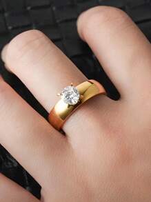 2 piezas Anillos de acero inoxidable brillante con incrustaciones de diamantes de imitación de lujo, anillos elegantes para pareja para boda, banquete y uso diario para mujeres - Anillos de boda - Ver 3