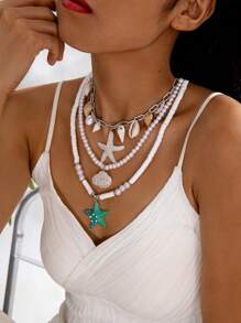 1pc Bohemian Beachy Style Resin White Faux Pearl Starfish Shell Pendant Necklace, Women Holiday Beach Party Gift, Middle East Ramadan Event