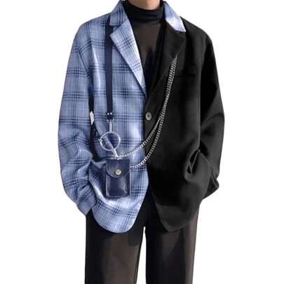 Fashion Men Lapel Neck Long Sleeve Plaid Tartan Patchwork Casual Blazer Coat Jacket Party Outwear
