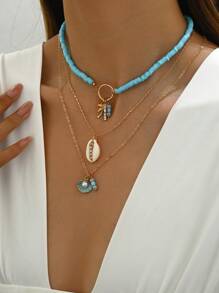 3pcs Bohemian Beach Vacation Style Starfish, Shell, Flower, Palm Tree Random Soft Ceramic Multilayer Necklace For Women (Avoid Contact With Water) - Blue - View 1