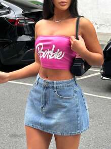 Washed Blue Sexy Denim Skirt - Versatile & Chic Solid Color Design - Medium Wash - View 5