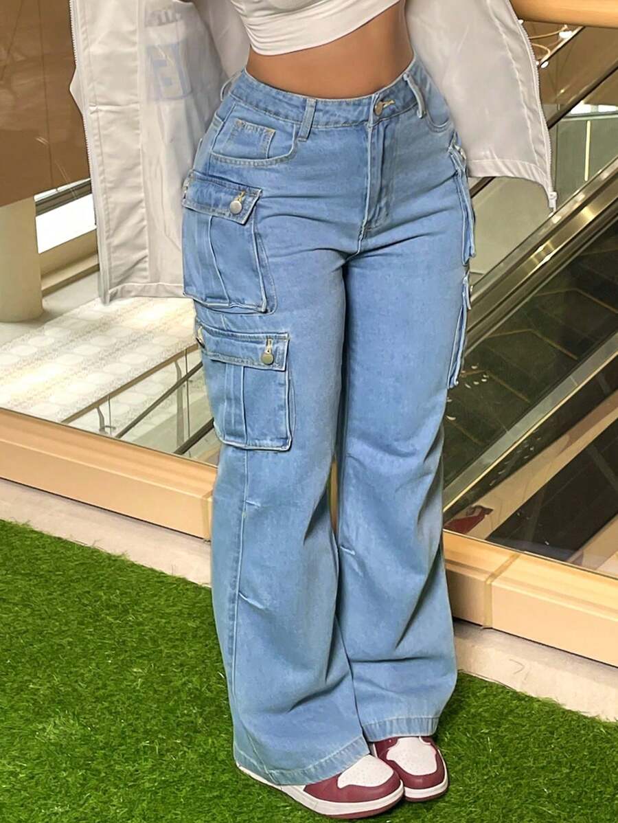 Women's Loose Straight Leg Denim Overalls, Classic Multi-Pocket Design, Non-Stretch Regular Zipper Button Pants, Comfortable And Versatile, Suitable For Everyday Wear And Outdoor Activities - Light Wash - View 1