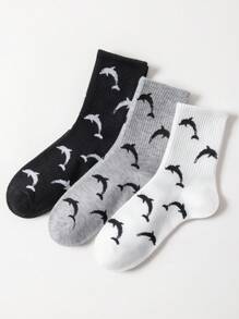 2/3 双装女士纯色海豚图案时尚简约街头运动中筒袜