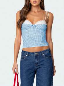 Women Summer Crop Camisole Casual Lace Trim Plaid Print Tie Up Strap Tank Tops Sleeveless T-Shirt For Club Streetwear - Màu xanh lam - Xem 2