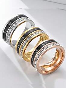 1 Piece Of Fashionable And Personalized Stainless Steel Plated With 18k Gold And Set With Diamonds, European And American Style, Roman Numerals, Bright Diamonds, Gemstones, Stainless Steel Ring, Versatile For Men And Women