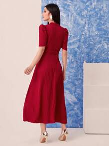 Vestido rojo casual y elegante de cuello en V cruzado, de manga larga, para mujer, de primavera y verano - Burdeos - Ver 3