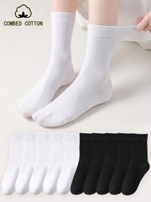 1 Pair/5 Pairs/10 Pairs Women's Mid-Calf Socks, Jacquard Solid Stripe Cotton Socks, Personalized Street Fashion Socks, Soft Comfortable Casual Fluffy Socks, Black White Suitable For Daily, Home, Office, School, Sports - Multicolor - View 2