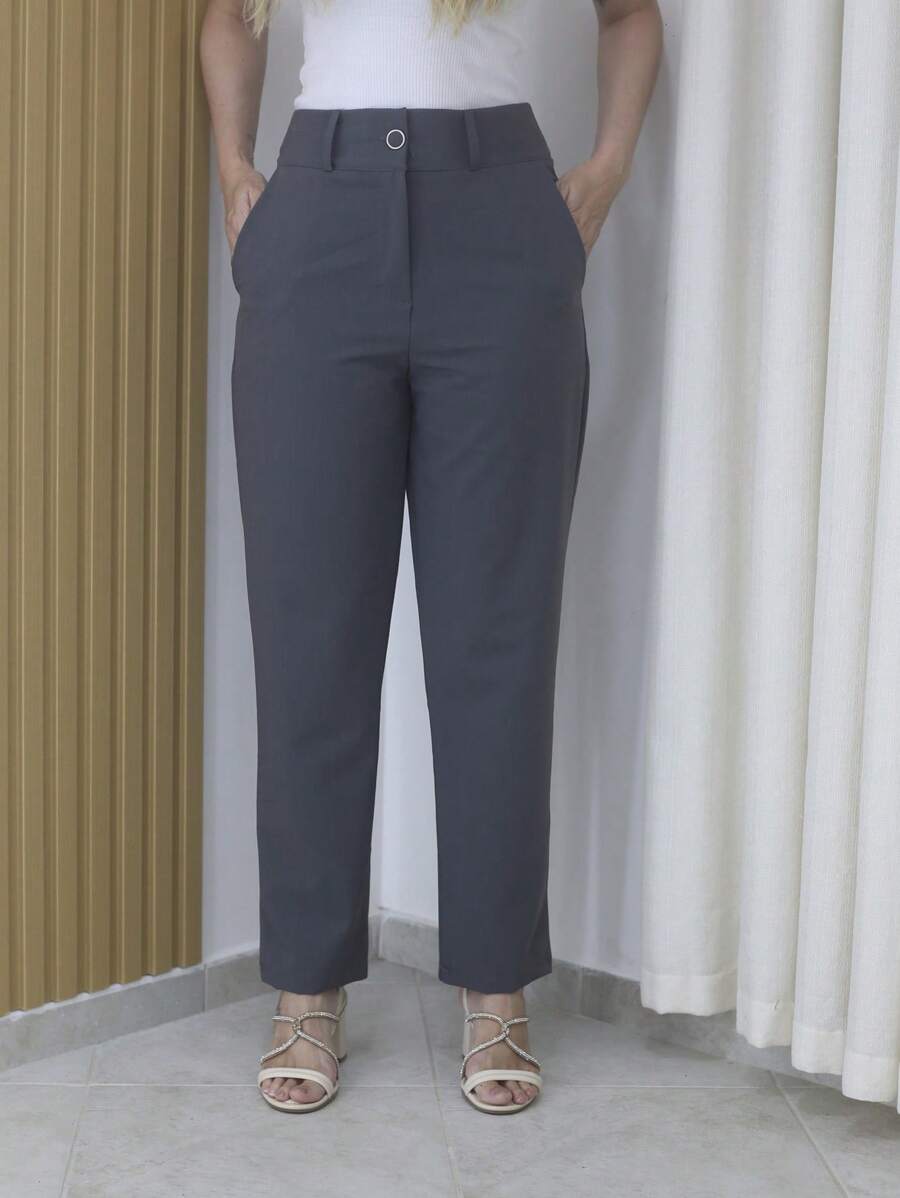 Women's Refreshing Plain Tailored Trousers With Button - Maxma 6631 - Gray 2 - View 1