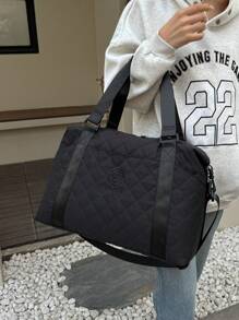 极简菱格纹刺绣手提包，女士旅行包，时尚健身包，大容量多口袋设计，干湿分离，轻便可折叠手提包，适合旅行、度假、商务、通勤、返校、文具包、学习用品 - 黑色 - 查看 5