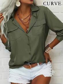 Whisplicity Plus Size Women's Solid Color Lapel Tie Long Sleeve Shirt, Spring Casual - Army Green - View 5