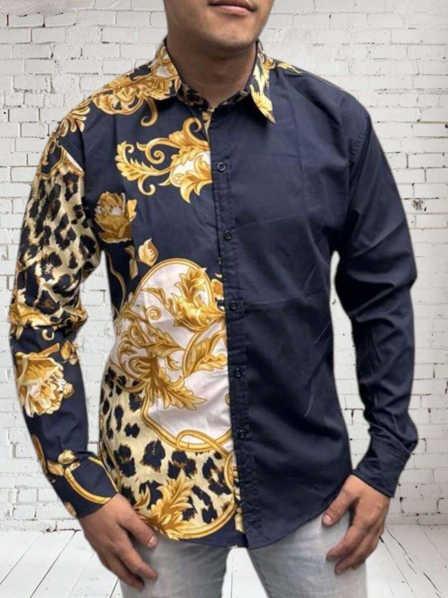camisa para hombre manga larga con estampado barroco - Negro - Ver 1