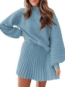 Womens 2 Piece Outfits Long Sleeve Mock Neck Ribbed Sweater And Mini Skirt Set 2025 - Blue - View 5