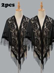 1pc Elegant Fashionable Hollow Out Tassel Design Lace Shawl For Banquet