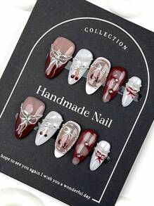 10Pcs/Pack European & American Style Almond Shaped Handpainted Cherry Bow Sexy Y2K Chic Girls Vibes Nail Art Suit For Ladies & Girls, Premium Elegant Press On Nails Nail Supplies Nails - Multicolor - View 3