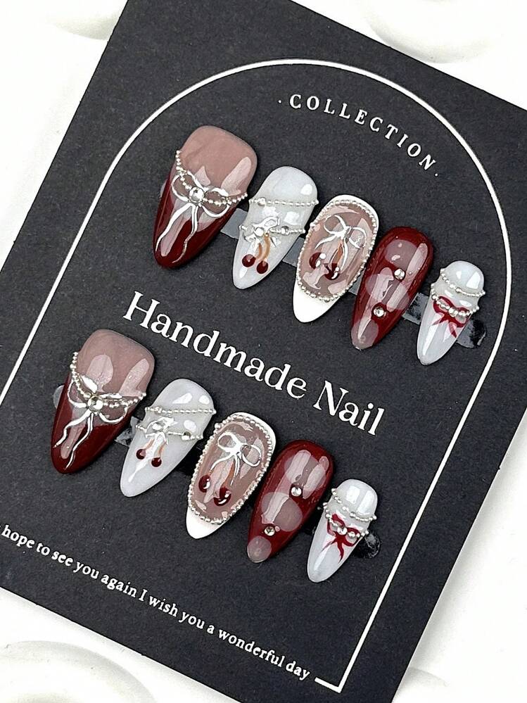 10 件/包欧美风格杏仁形手绘樱桃蝴蝶结性感 Y2K 别致女孩氛围美甲套装适合女士和女孩，优质优雅按压式指甲美甲用品 - 彩色 - 查看 3
