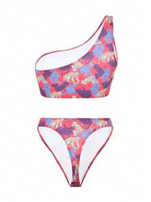 New Summer Monkey Print One-Shoulder Thong Bikini Swimwear Set - Multicolor - View 4