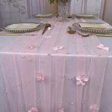 1 Stück perlrosa Blumen Tischläufer, Chiffon-Tüll-Tischdekorationsstoff für Geburtstagsfeiern, Valentinstag, Abschlussball