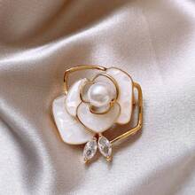 Camellia Flower Faux Pearl Anti-Exposure Brooch For Women, High-End Boutique Exquisite Lapel Pin Suit Accessory Coat Decor - White - View 1