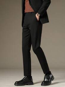 Men's Business Casual Trousers, Minimalist Comfortable Solid Color Tapered Suit Pants, Suitable For Office, Daily Wear, Formal And Casual Occasions - Black - View 2