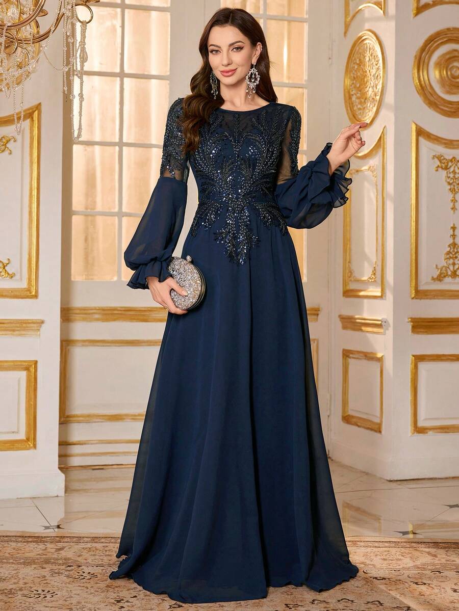 SUPGIR Women's Round Neck Lantern Sleeve Luxury Pearl & Sequin Patchwork Chiffon Party Dress Wedding Spring - Navy Blue - View 1