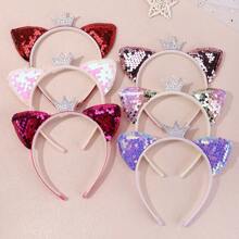 1 件全水晶小皇冠亮片猫耳头带，可爱动物派对涤纶弹力罗纹头带，适合所有季节 - 亮片皇冠貓耳朵髮箍 - 查看 2
