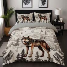 Bộ chăn ga gối thời trang 3 món, Bộ chăn ga gối in họa tiết nghệ thuật Wolf & Forest Totem, Bộ chăn ga gối mềm mại và thoải mái cho phòng ngủ và phòng khách (1*Chăn ga gối + 2*Vỏ gối, Không có lõi) - Nhiều màu - Xem 5